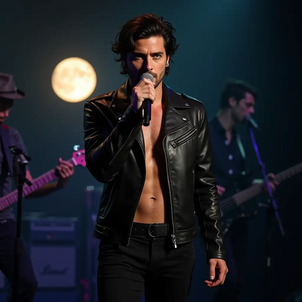 A sexy man on a stage with his music group (bassist, guitar and drums), very handsome at about 27 years old, with black hair and green eyes with a microphone in his hand singing and the moon in the background