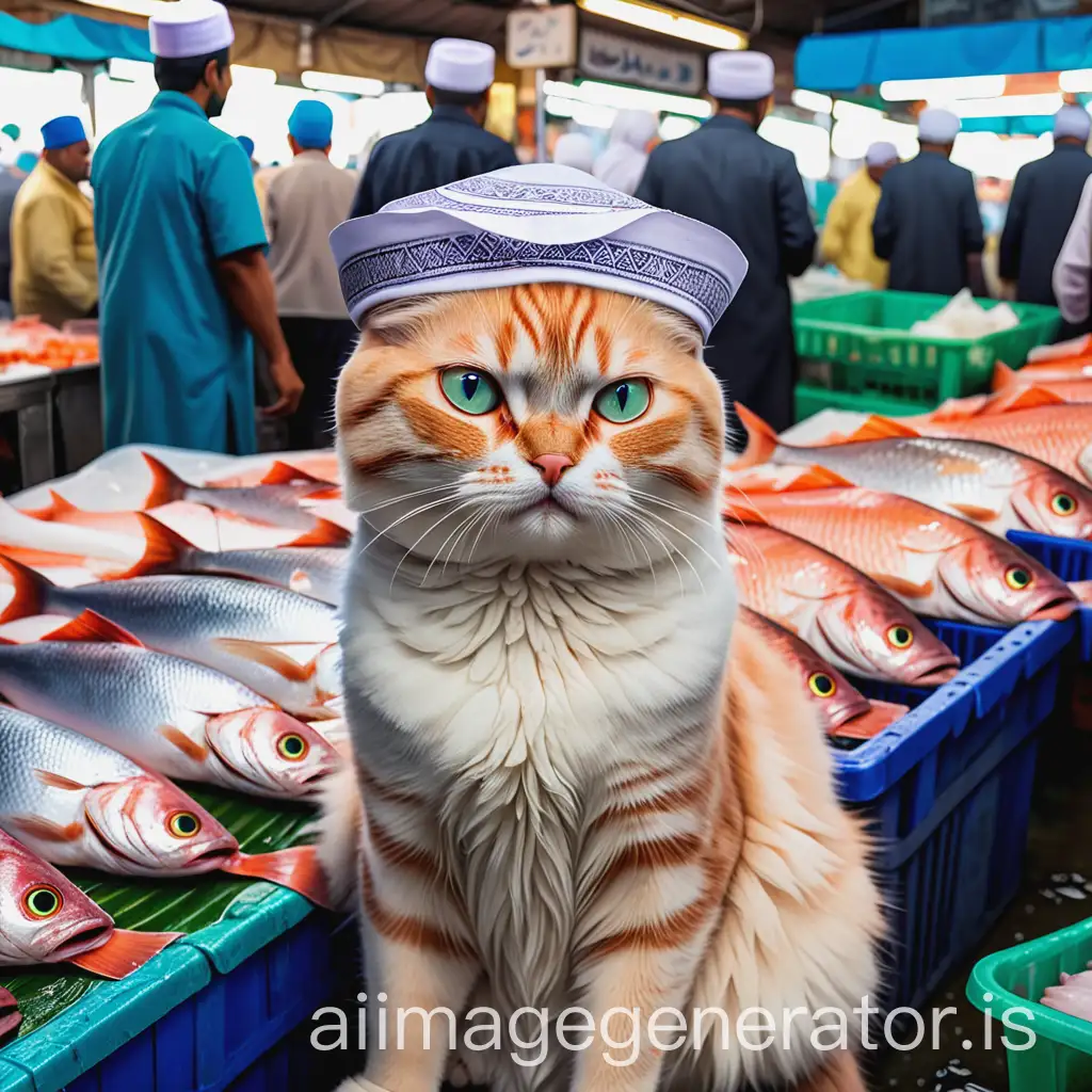 The cat is wearing a Muslim hat in the fish market in front of everyone