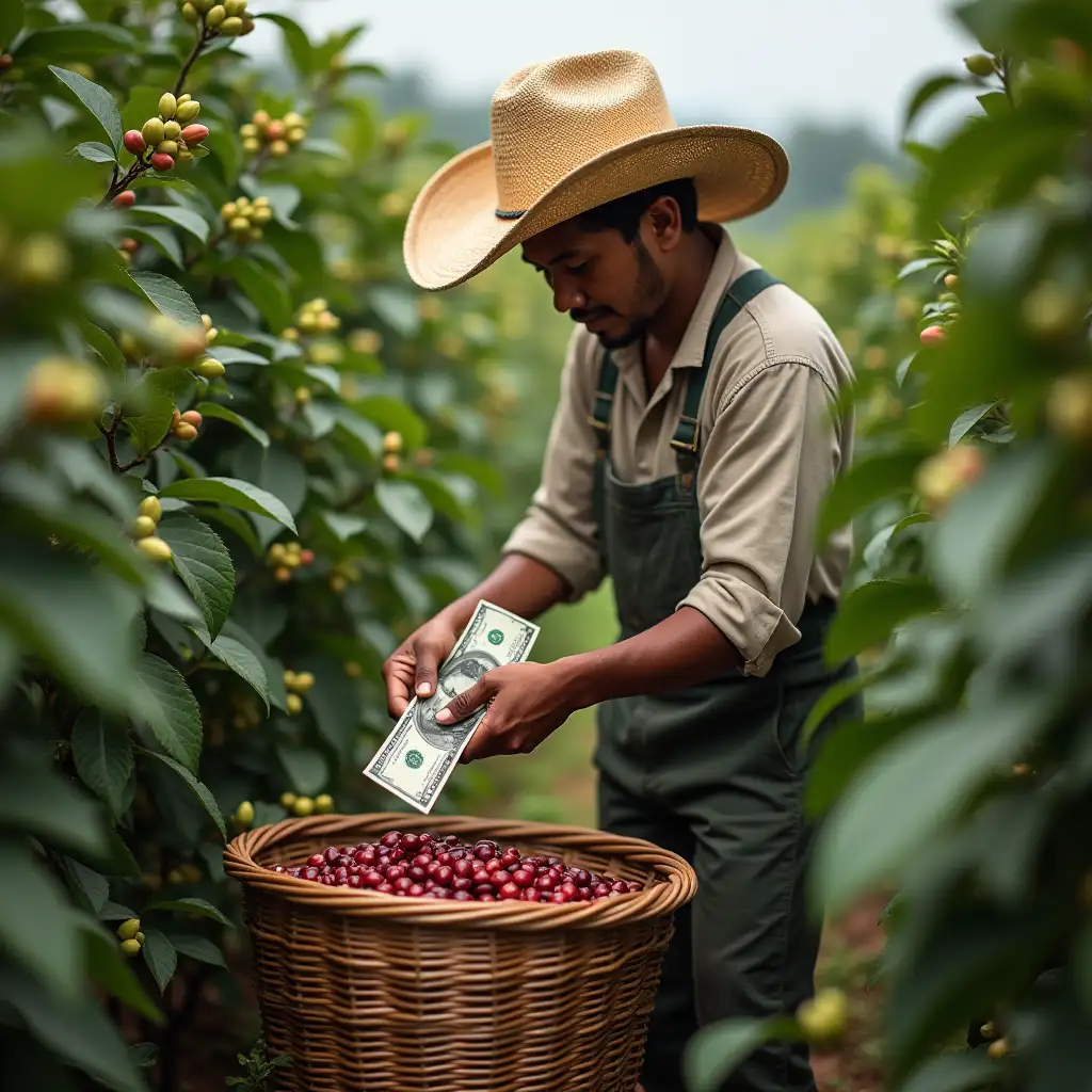 A farmer with a straw hat, harvesting coffee plants into a basket where money is falling.