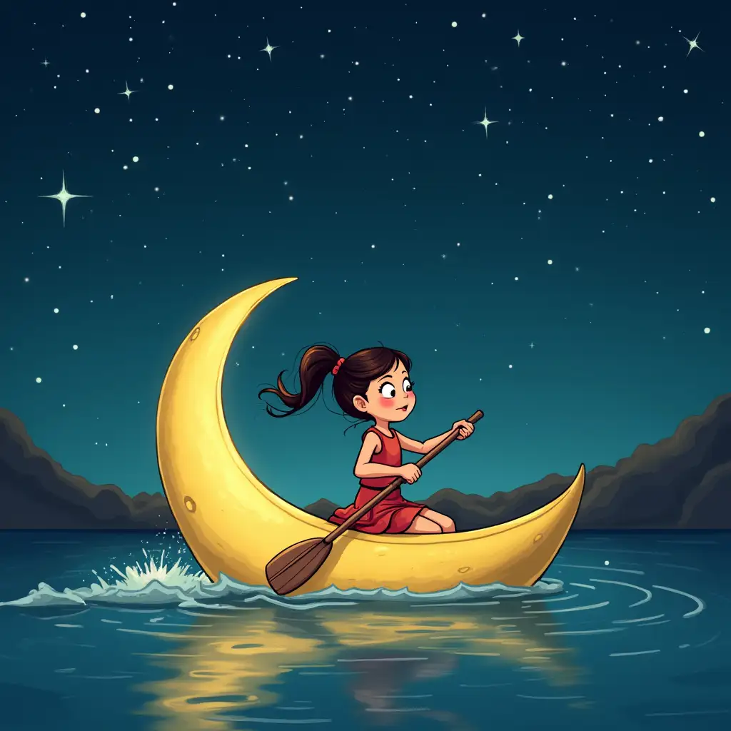 Comical-Little-Girl-Rowing-Crescent-Moon-Boat-in-the-Milky-Way