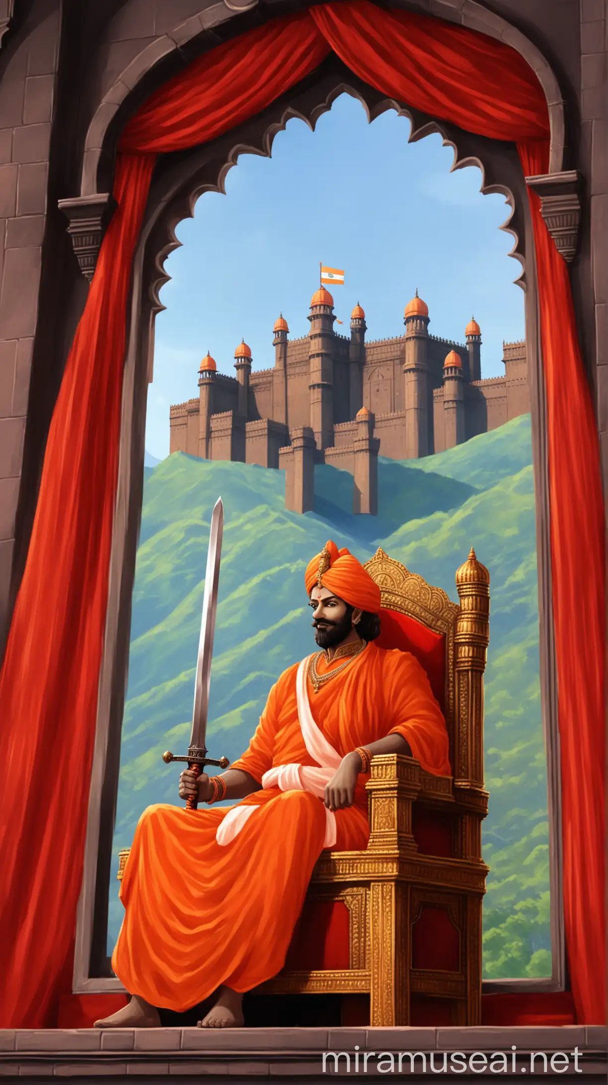 Shivaji Maharaj with Sword Red Throne Castle Window and Mountain Flag