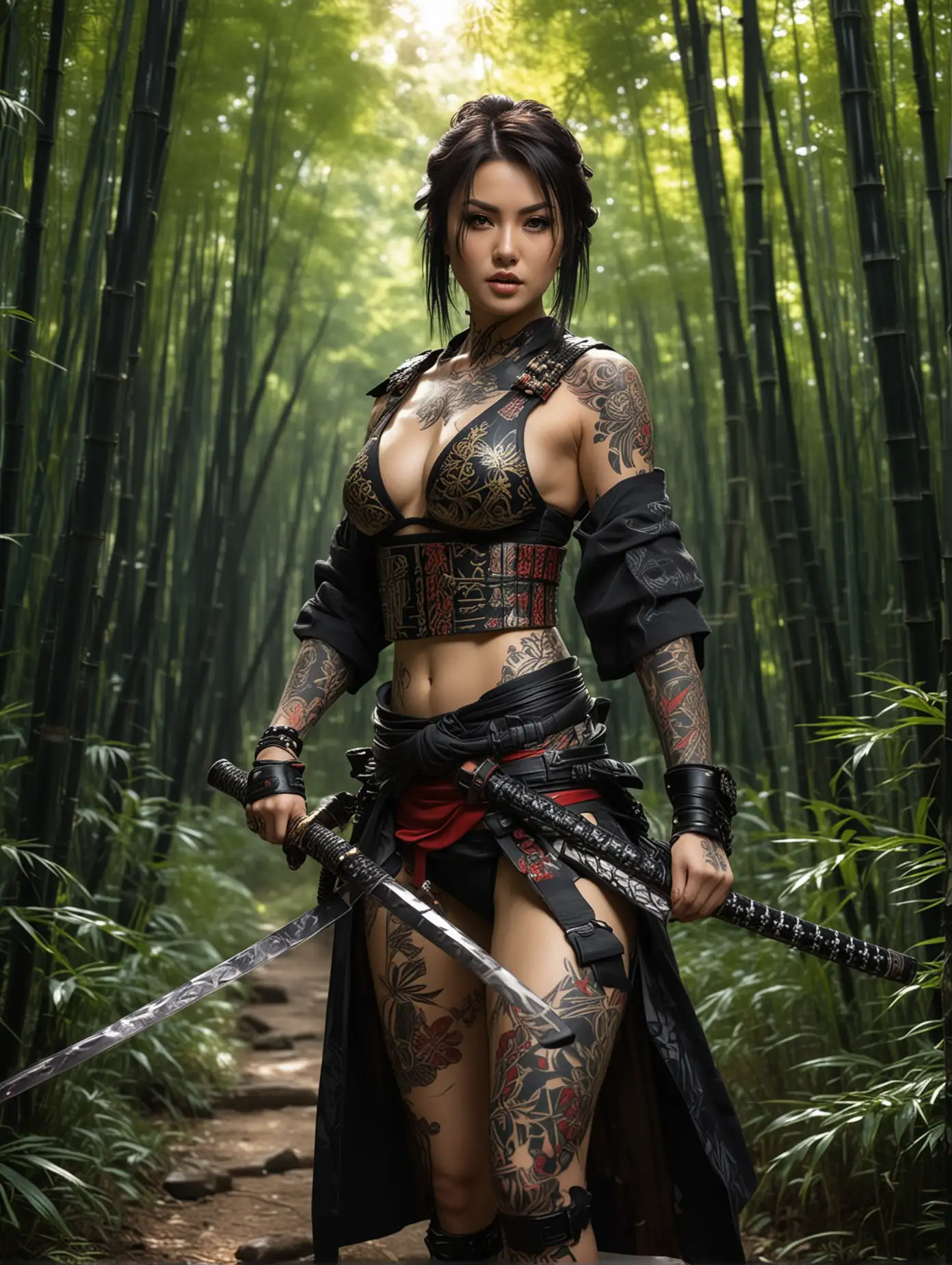 Maria Ozawa was cosplaying as ashigaru warrior, carrying a katana, walking graceful and elegant, The background is a vibrant deepest bamboo forest with dark hues, light ray tracing of sunshine, elegant, graceful, She has a large tattooed across her chest, giving the overall composition an edgy feel.