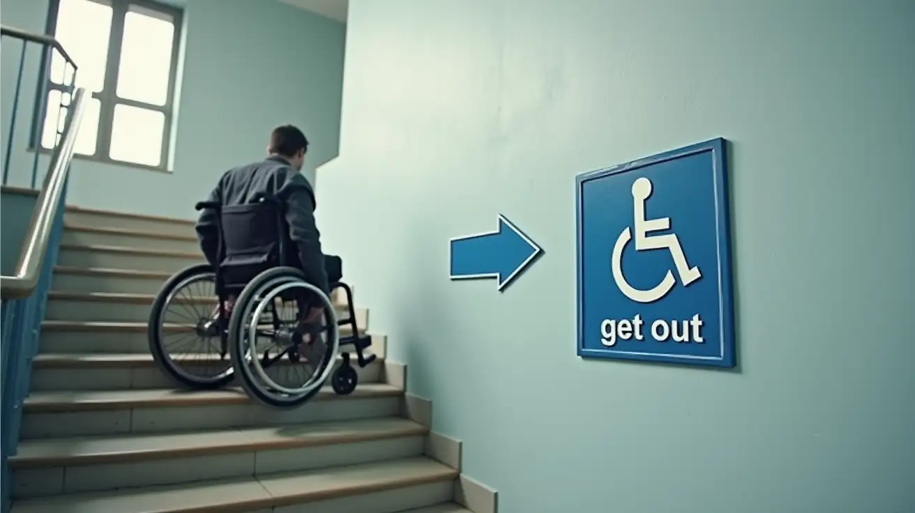 Someone in a wheelchair ready to fall off the edge of a staircase in an building setting, an arrow on the wall indicating 'get out' followed by the handicapped logo towards a staircase