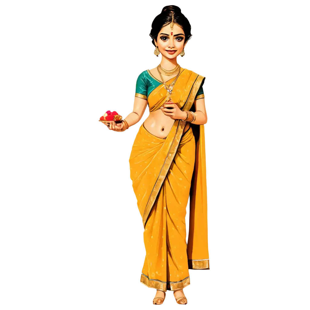 Exquisite-South-Indian-Wedding-Caricature-in-Yellow-Saree-Captivating-PNG-Image