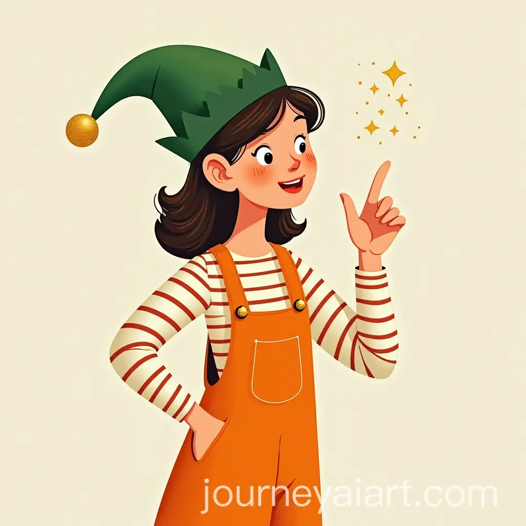 Childrens-Book-Illustration-of-Educator-Lina-in-Orange-Overalls-with-Elf-Hat