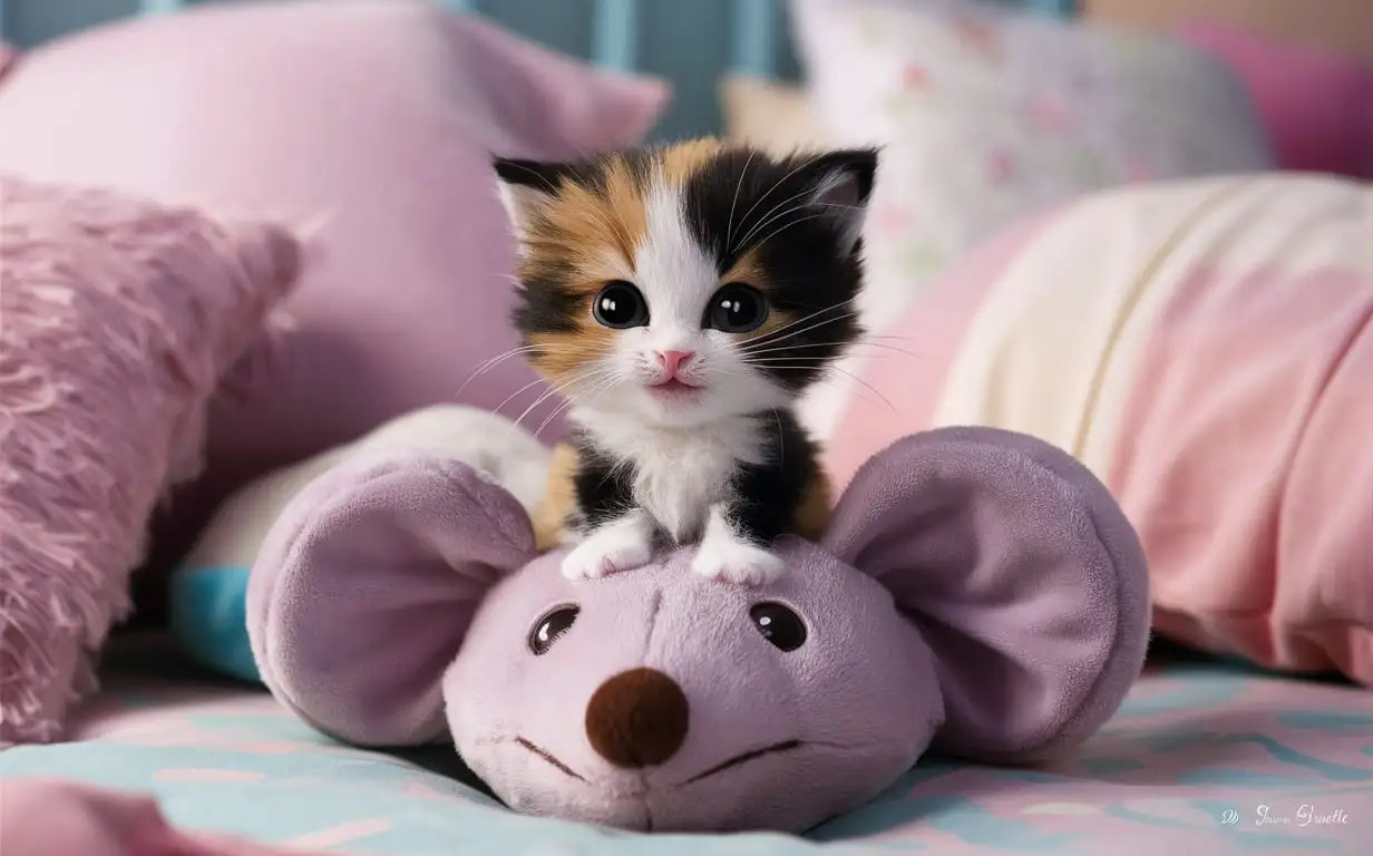 macro photography , chibi style fuzzy happy calico  kitten with huge beautiful eyes  , sitting on a big mouse shape plushie toy, background bedroom bed , pillowas, in various pastel colors