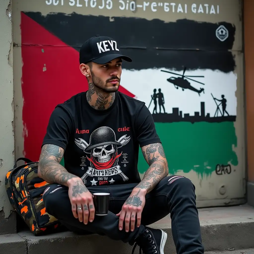 Tattooed-Man-in-Casual-Outfit-with-Bold-Graphic-Design-and-Mural-Background