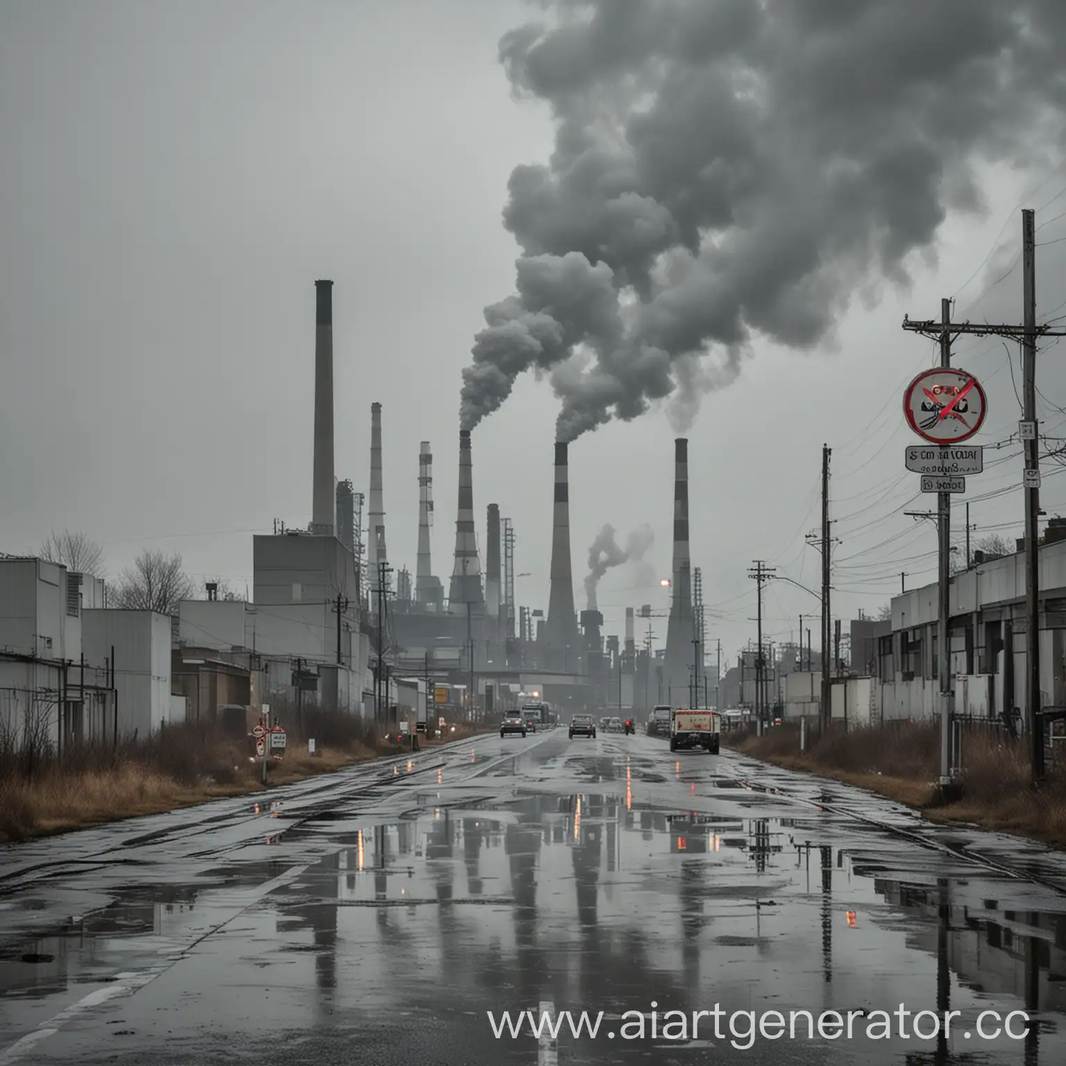 The image shows an industrial area with several large smokestacks emitting smoke or steam. The sky is overcast and gray, contributing to a gloomy atmosphere. In the foreground, there's a wet road with puddles reflecting the scenery. A pedestrian crossing sign is visible, indicating this is near a public road.  The scene depicts heavy industry, likely a power plant or factory complex. Multiple tall chimneys and power transmission towers are visible. There's a large building on the left that could be an office or control center for the facility.  This image raises concerns about air pollution and environmental impact. The emissions from the smokestacks are clearly visible, suggesting significant industrial activity. The overall gray and misty appearance of the scene further emphasizes the potential environmental issues associated with such industrial sites.