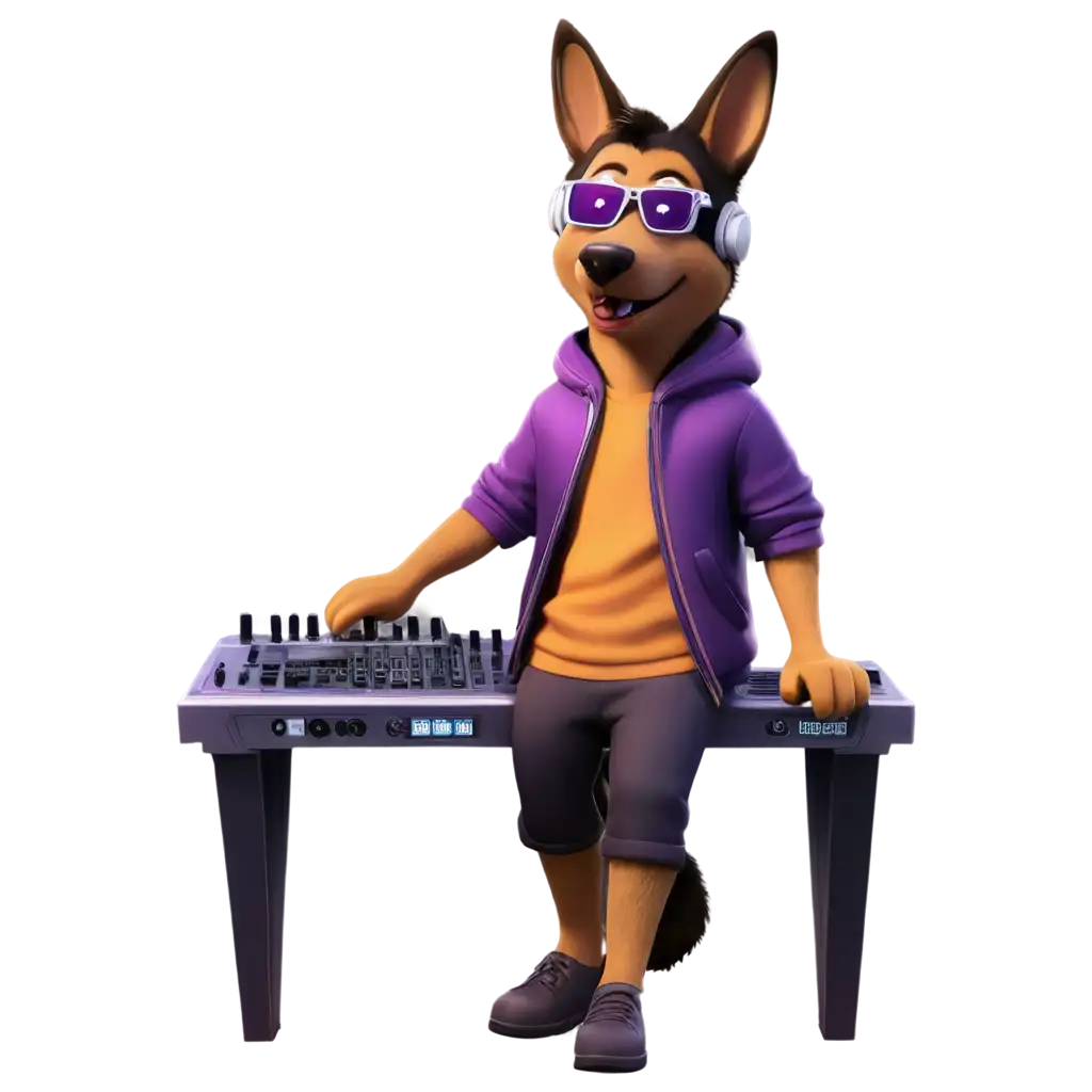 Approach to see a large fun, flirty, German shepherd with a purple jacket with silver and purple stripes, with high-tech headphones and purple glasses, sitting in front of a futuristic DJ synthesizer module, in a NIGHT CLUB with, with controls MIXING SOUNDS , Pixar, Disney, unreal engine