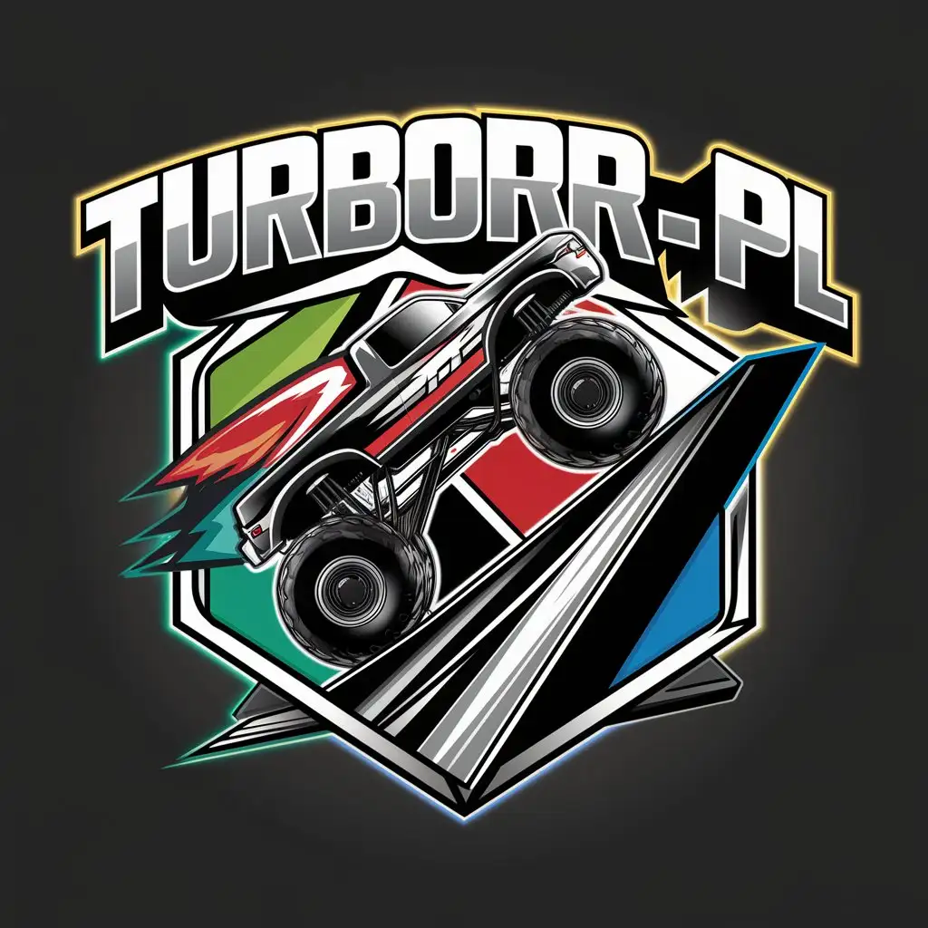 LOGO Design for TurboRCPL Monster Truck Jumping Neon Green Red with Hexagon and Controller Theme