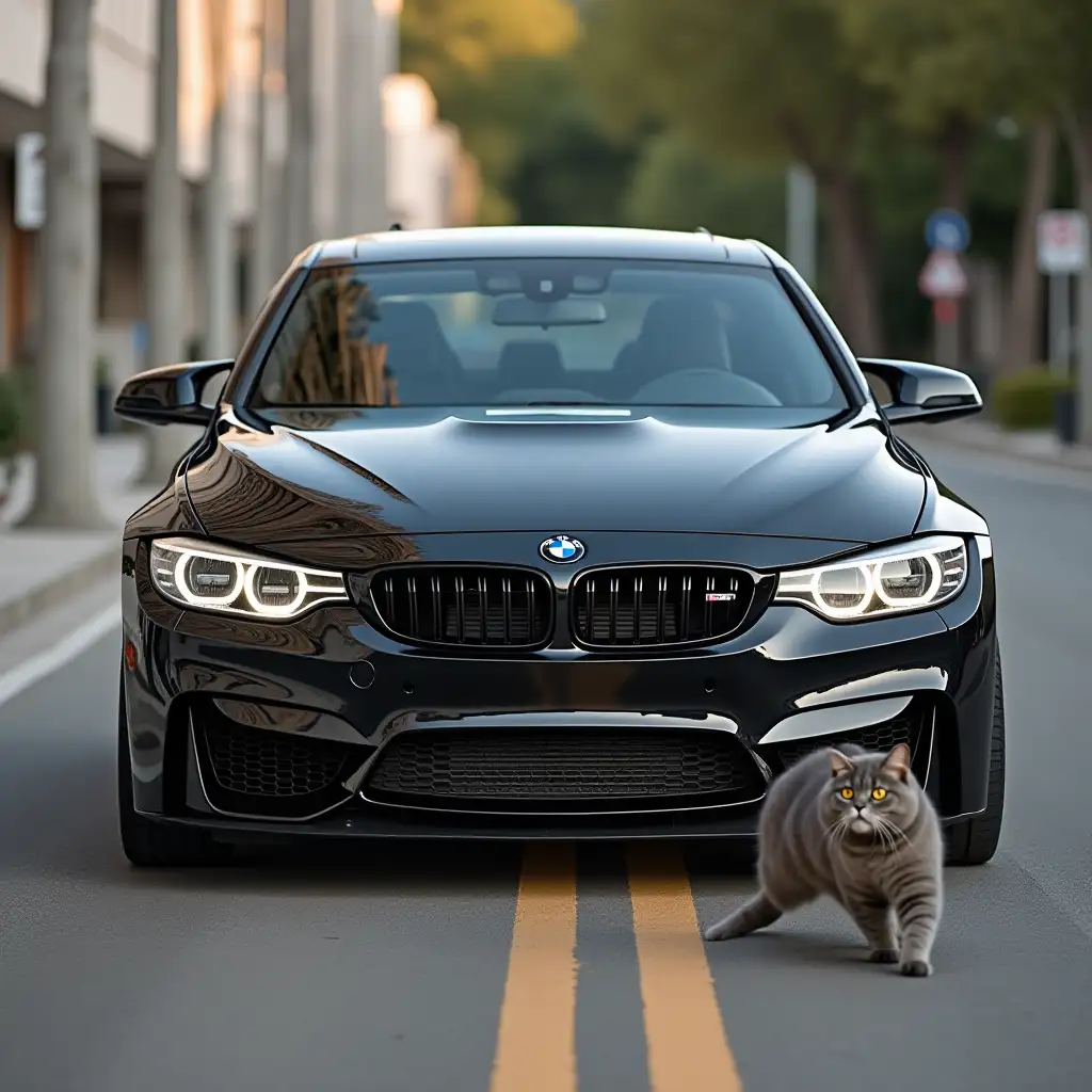 Black BMW Chasing grey cat