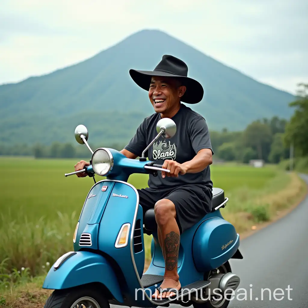 Javanese Man Riding Blue Vespa in Rural Scenery