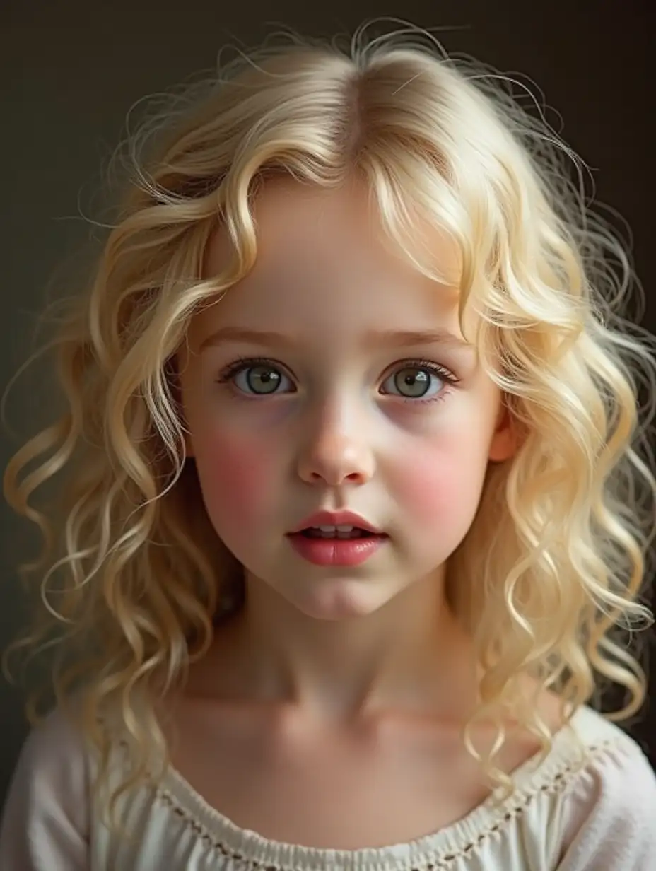 beautiful blond girl, curly hairs, triangle face shape, wide mouth, looking at viewer, fullface, realistic, high quality