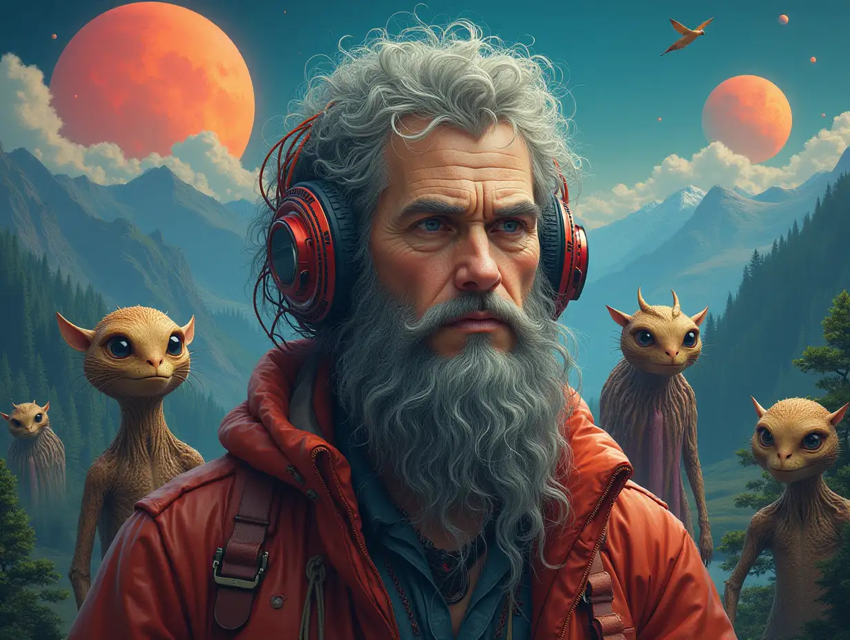 Hyperrealistic portrait of a multiverse time traveler with various strange alien creatures Detailed, colorful forested planets in the background with mountains and sea