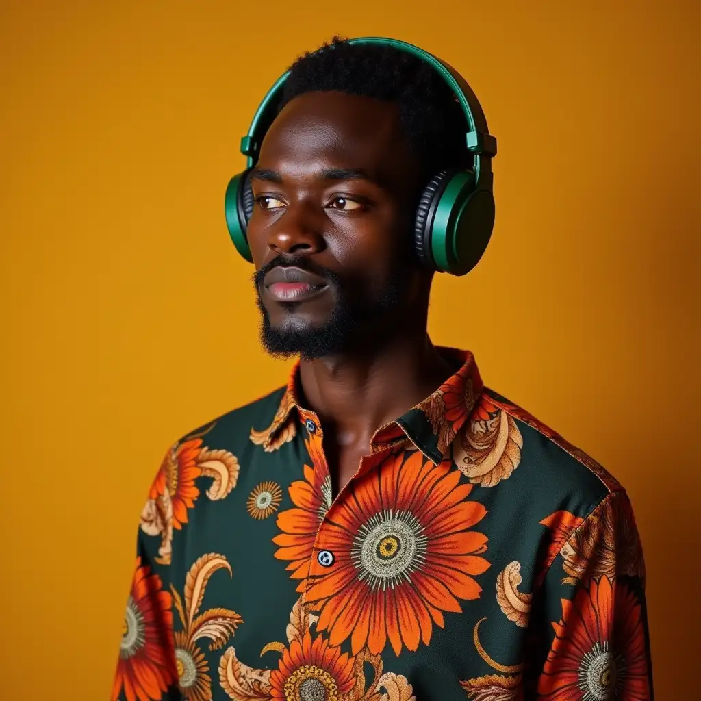 black handsome Nigerian man dressed in nigerian colours of clothing standing and calmly listening to soul-soothing music through headphones on his head