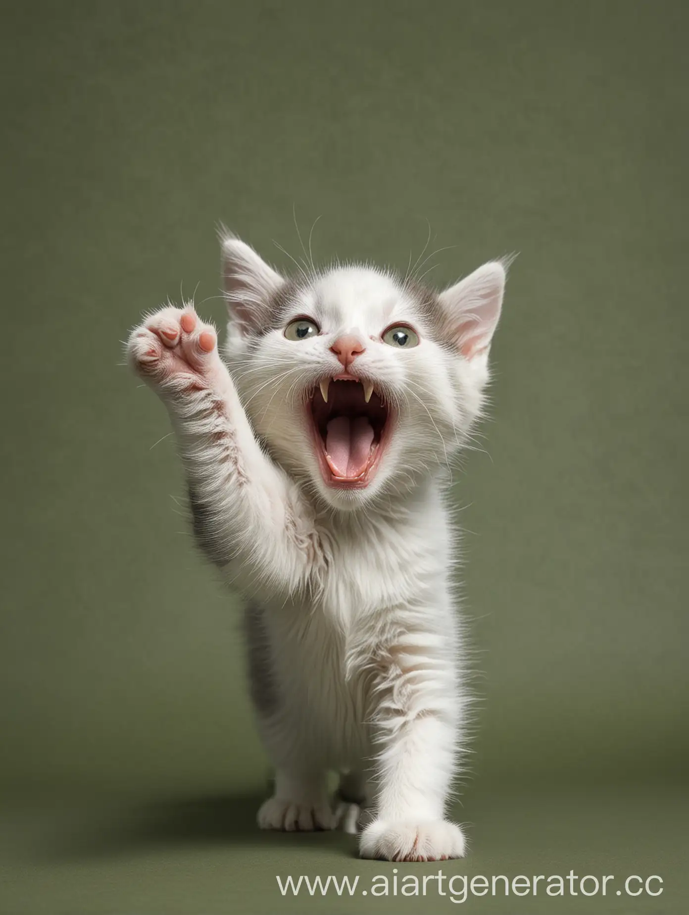 White-and-Gray-Kitten-Screaming-Against-Army-Green-Background