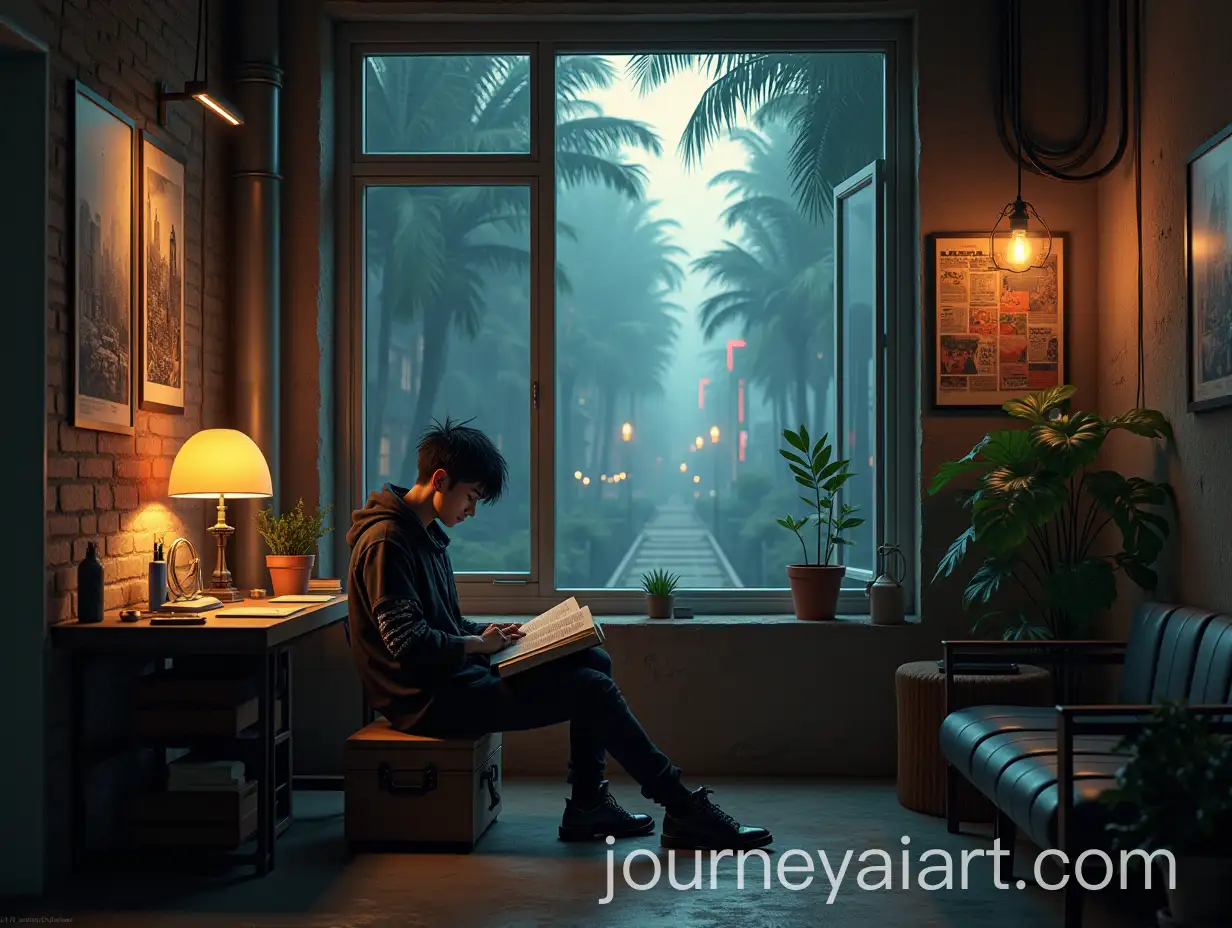 HyperRealistic-Male-Anime-Warrior-Reading-in-an-Industrial-Room