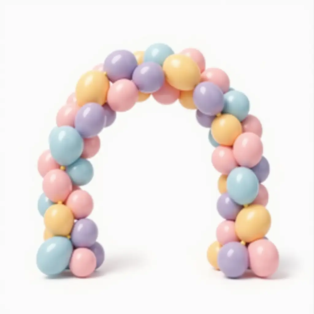 A cute 2D illustrated version of a smaller decorative balloon arch, made from pastel-colored balloons intertwined with balloon flowers. The arch features soft pink, blue, yellow, and purple shades. The background is plain.