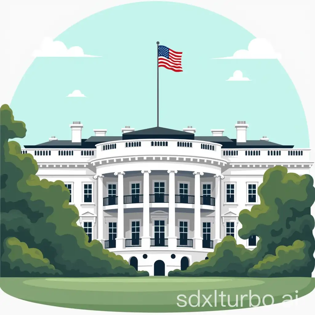 A graphic image of the White House in Washington with an American flag on the roof under a sunny sky.