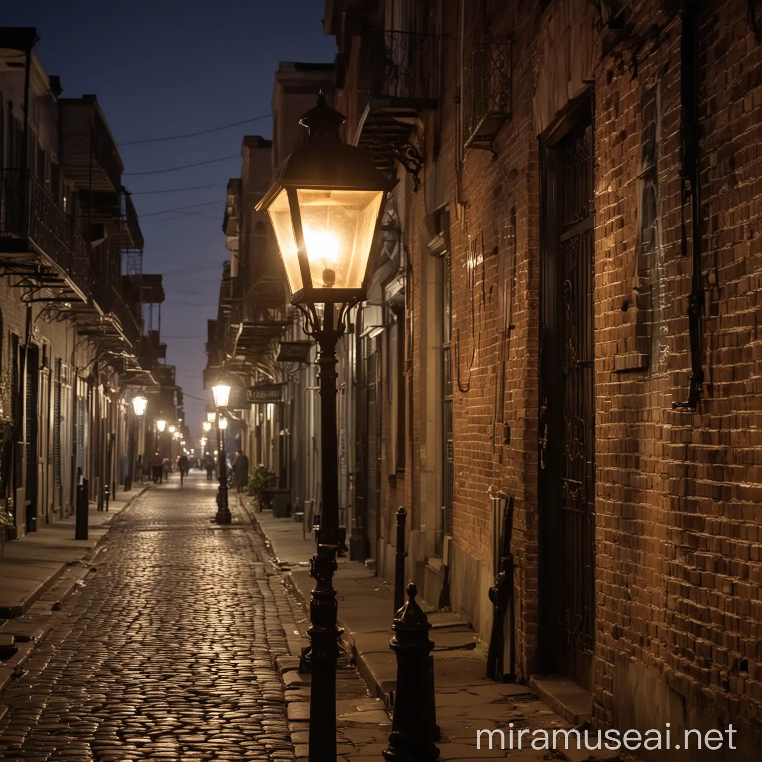 Gaslit Lamps Casting Warm Glow on Cobblestone Streets