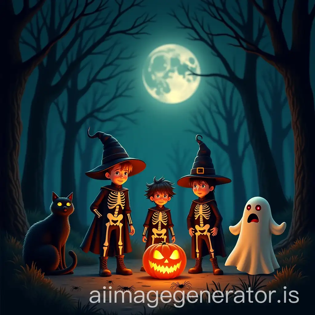 Children-in-Halloween-Costumes-Celebrating-in-Spooky-Forest-with-JackOLanterns-and-Spiders