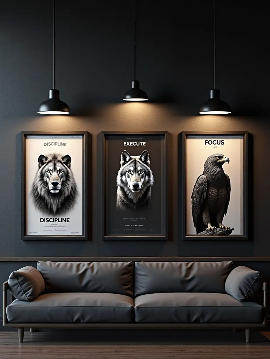 A modern interior design with three motivational posters mounted on a textured black wall. The first poster features a lion with the word 'Discipline' in bold text, the second poster showcases a wolf with the word 'Execute,' and the third poster highlights an eagle with the word 'Focus.' Each poster has a sleek black frame. The setting includes elegant black hanging pendant lights, casting a soft and professional ambiance. The overall design is minimalistic and inspiring, emphasizing motivation and focus.