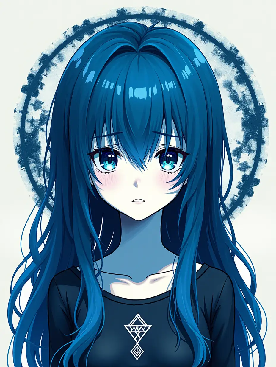 y2k edge core tribal sigil core anime girl with blue hair in a paper style texute and noise vhs light colors distorted slightly zoomed in on her face looks sad mostyl black and white image except the eyes and hair in blue tribal shapes behind her and tribal shapes designs in her hair