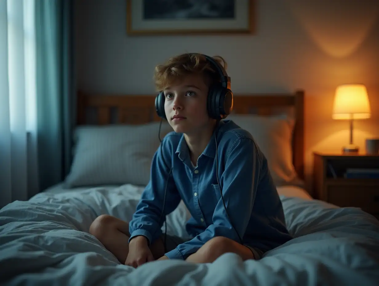 Teenage-Boy-Sitting-in-Bedroom-with-Headphones-and-Nightstand-Lamp
