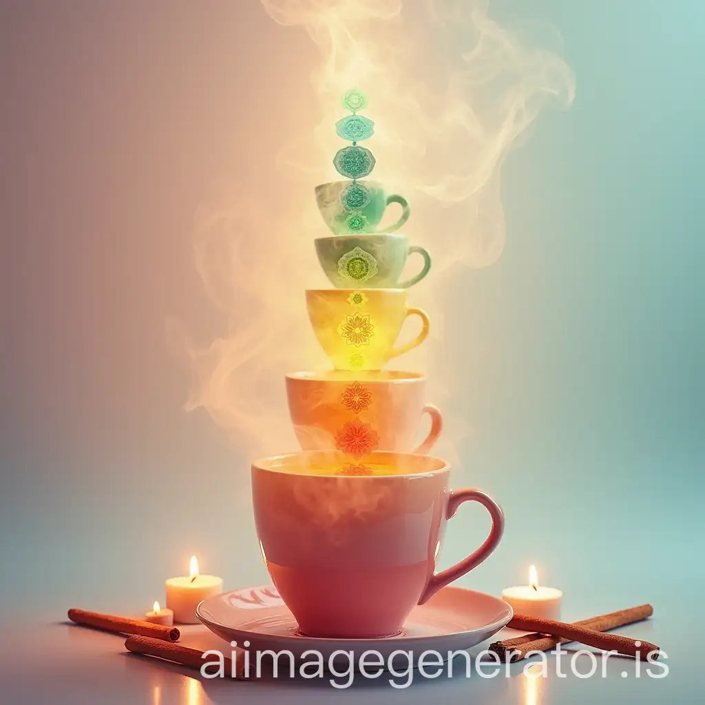 An artistic and serene image representing the seven chakras aligned vertically with their corresponding colors (red, orange, yellow, green, blue, indigo, violet) from bottom to top. Each chakra is subtly intertwined with a steaming cup of tea, with the tea being a different type corresponding to the chakra: black tea with cinnamon and clove for the root chakra, rooibos with orange and vanilla for the sacral chakra, green matcha with ginger and lemon for the solar plexus chakra, green matcha with mint and rose for the heart chakra, black tea with lavender and chamomile for the throat chakra, green tea with lavender and brown sugar for the third eye chakra, and white tea with coconut sugar and chamomile for the crown chakra. Surrounding each chakra and tea is a soft, glowing aura, with incense or candles delicately placed beside the cups to symbolize the connection to spiritual energy and mindfulness. The background is calming and peaceful, featuring soft pastel tones to enhance the mood of meditation and self-care.