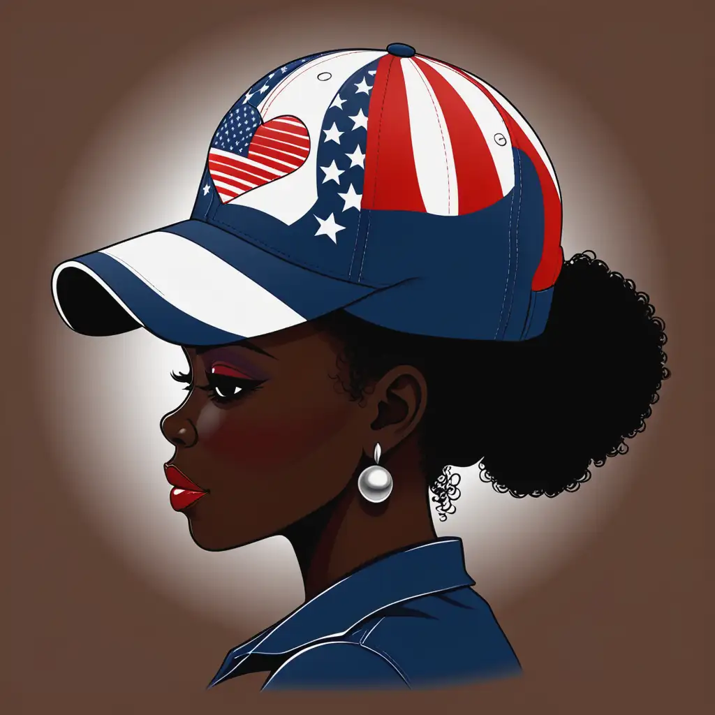cartoon African American mom silhouette; ball cap; patriotic; art