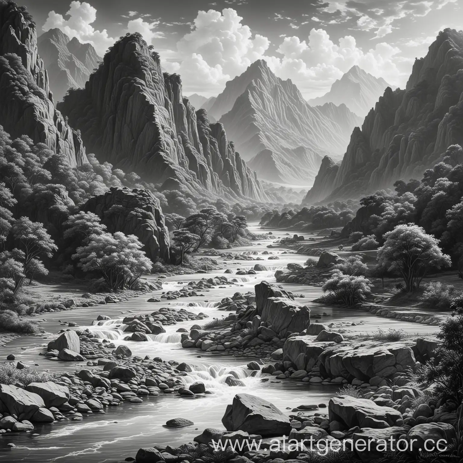 drawing in black and white, landscape of mountains, tumal, river