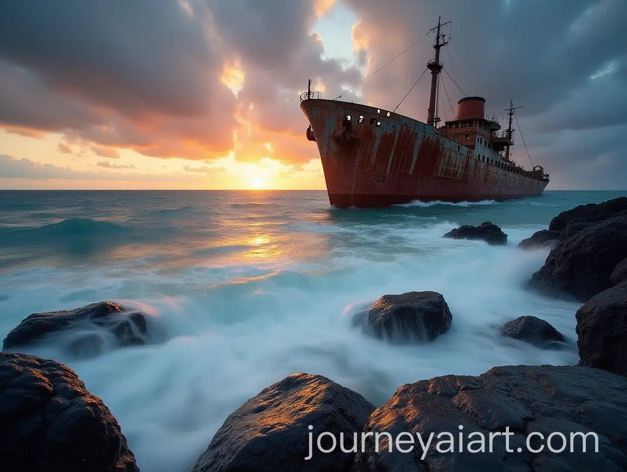 Dramatic-Long-Exposure-of-a-Shipwreck-Amidst-Volcanic-Rocks-at-Golden-Hour
