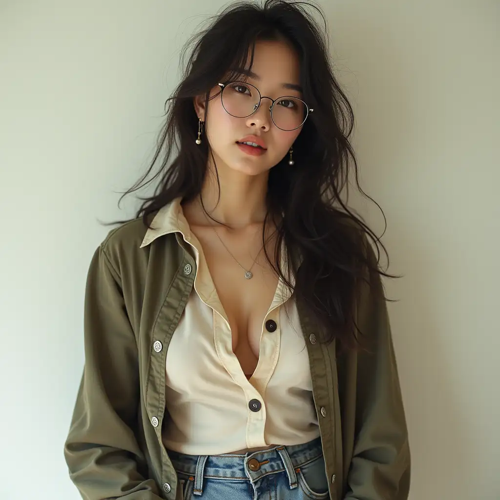 Realistic-Portrait-of-a-Young-Asian-Woman-with-Messy-Hair-and-Denim-Outfit