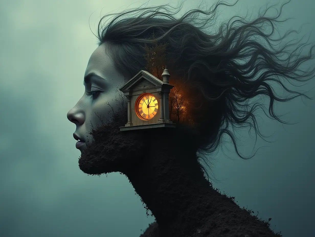 Face with hair transforms into a building with illuminated clock and roots