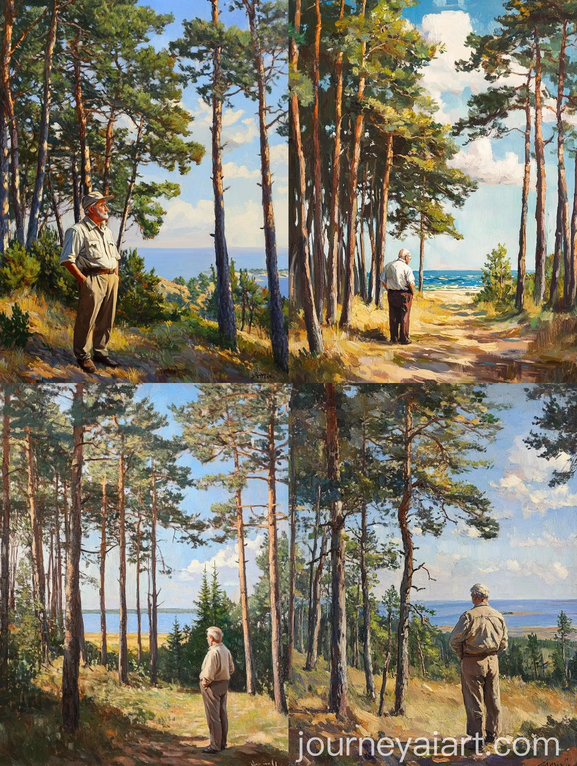 Elderly-Man-Contemplating-in-Sunlit-Pine-Forest-with-Ocean-View