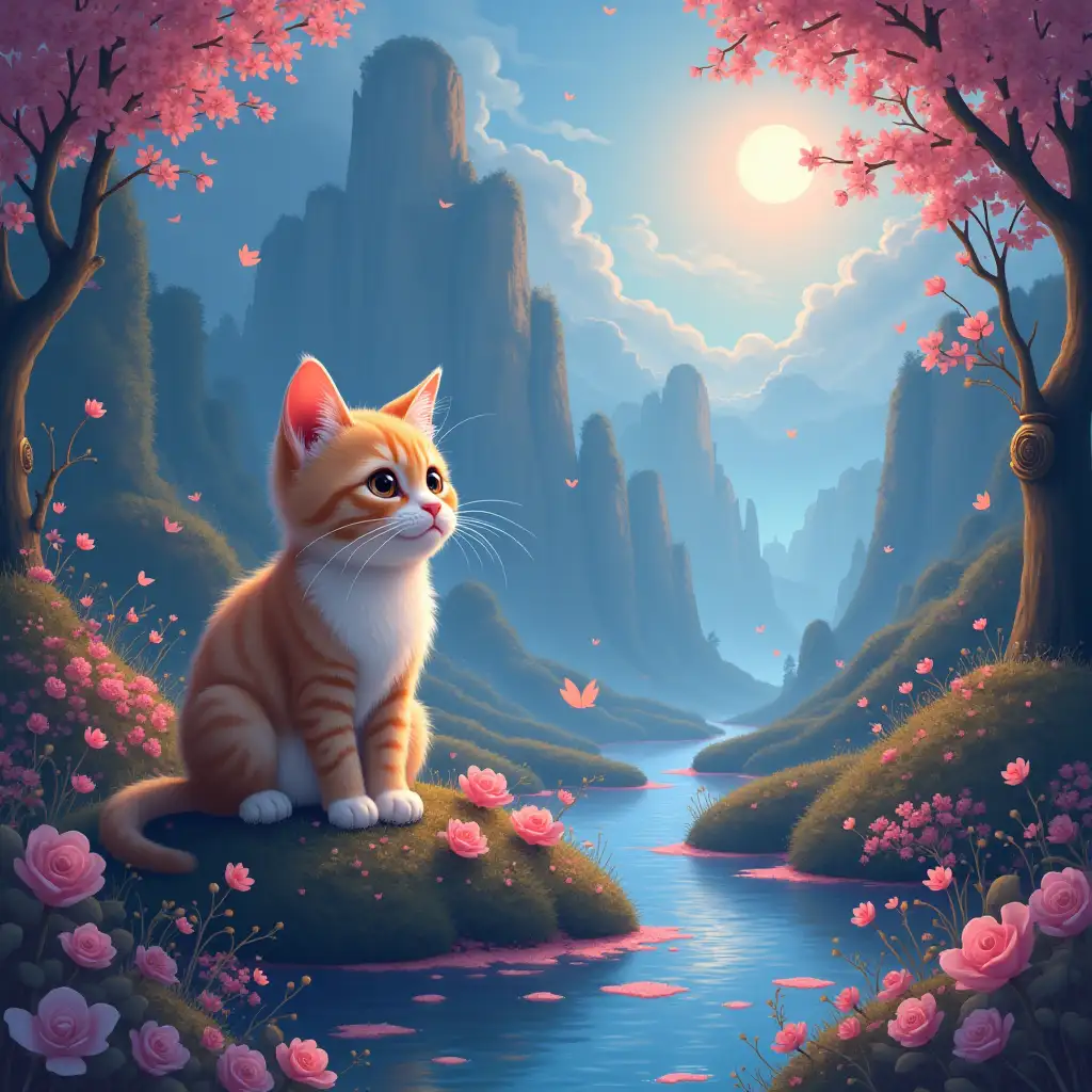 a cat  adorable kawaii magical, surreal, scenic, hyperdetailed, stunningly beautiful digital illustration