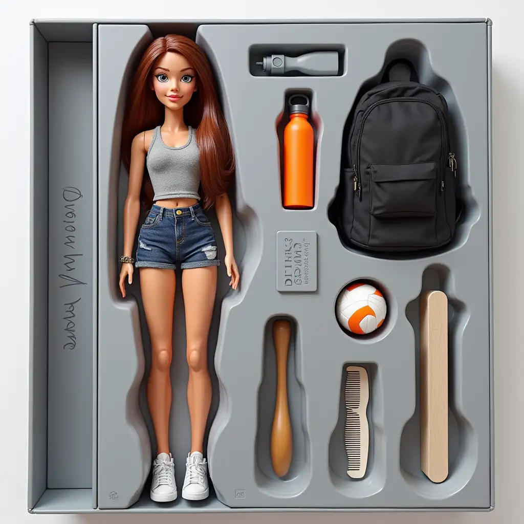Create a collectible action figure of a human - like an expensive toy in packaging. Style: as realistic as possible, suitable for advertising or stories (aspect ratio 9:16). Main details: This is a 3D doll in the style of Bratz, made of soft touch plastic. The character is full size, repeating the appearance and outfit from the first photo. Copy every detail: hairstyle, lips, eyes, facial features and proportions. The clothing - identical, with an emphasis on style and textures. The doll lies in a plastic recess that repeats its silhouette. Package: gray, modern design. Box: transparent plastic in front, cardboard back. Color scheme. At the top of the box should be the name Dasha. - letters embossed and engraved on the box. Accessories inside the box: spread out next to the doll in their own compartments: a black backpack, a volleyball ball, a water bottle, a comb. The accessories are as photo-realistic and detailed as possible, like premium collectible toys.