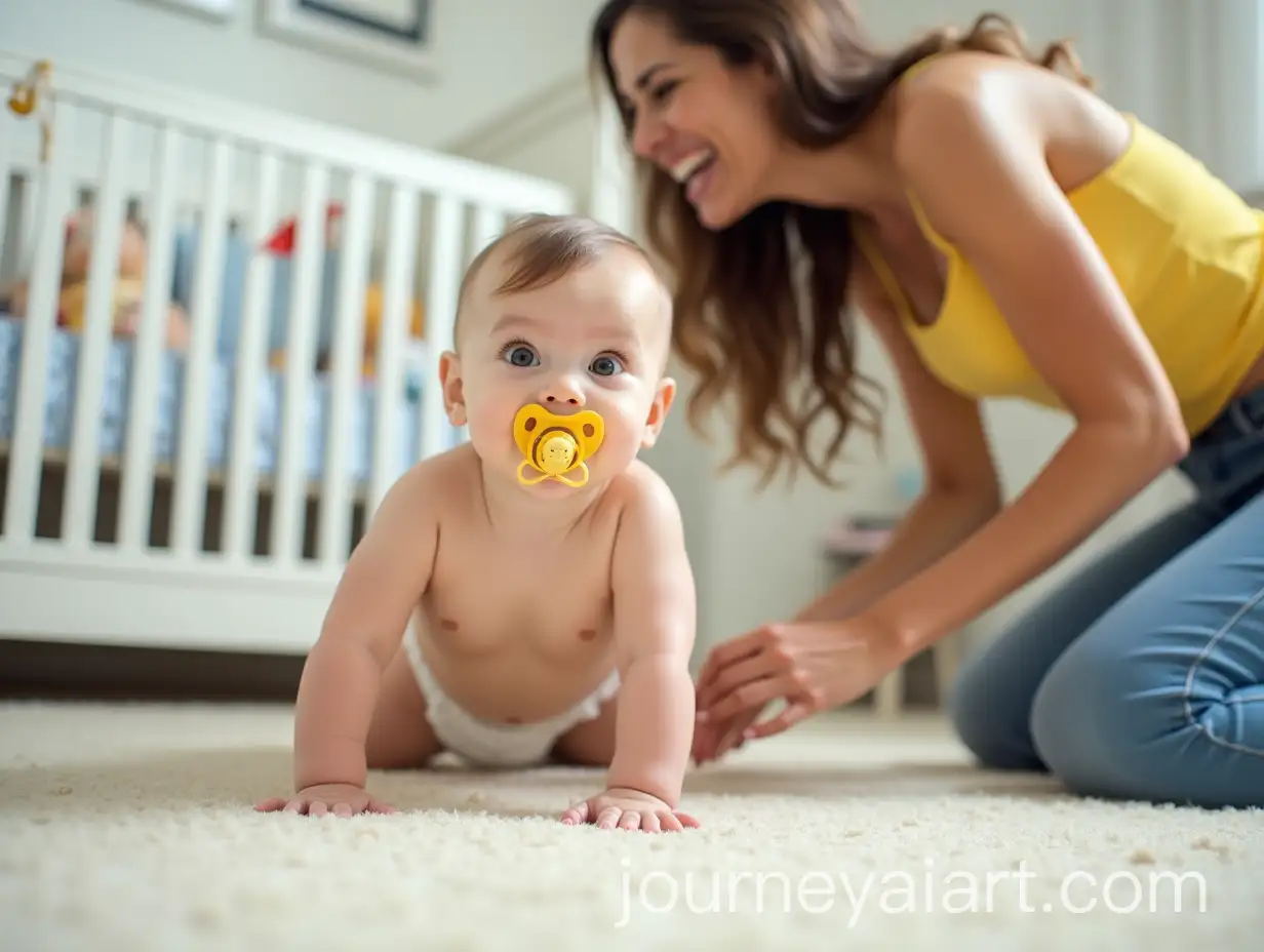 Candid-Nursery-Moment-with-Baby-Crawling-and-Woman-in-Joyful-Interaction