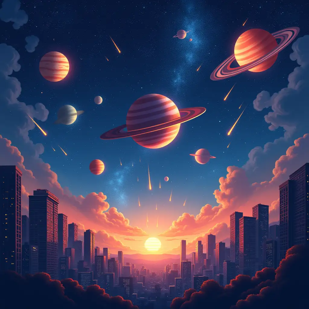 A stunning and colorful poster showcasing a parade of planets illuminating the night sky in 2024. In the foreground, the planets are depicted in their respective sizes and colors, with Jupiter's vibrant reds and oranges contrasting against the cool blues and whites of Saturn. Shooting stars streak across the sky, adding a touch of excitement and wonder. The background features a cityscape with towering buildings, illuminated by the celestial display. The overall atmosphere of the poster is one of awe and inspiration.