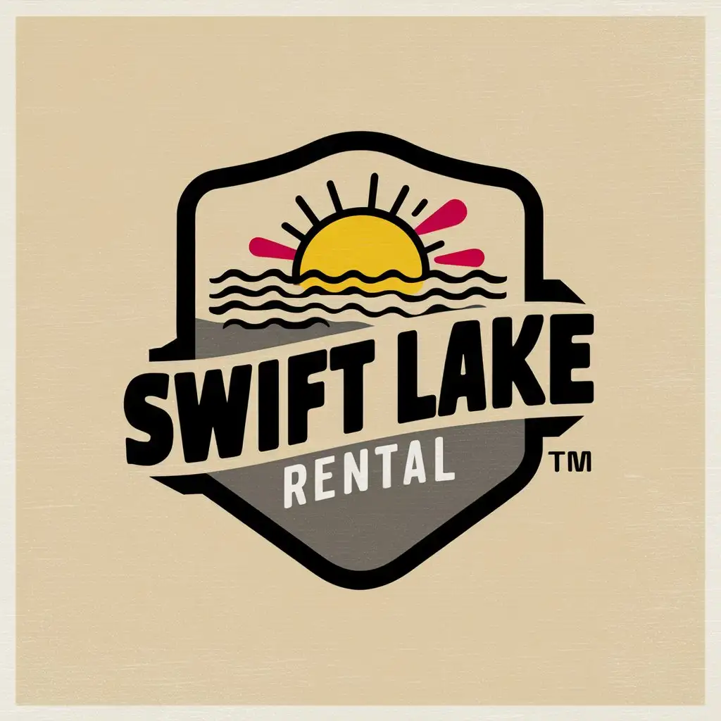 LOGO Design for Swift Lake Rental Playful Bold Shield with Lake and Sunset Theme in Black and Gray