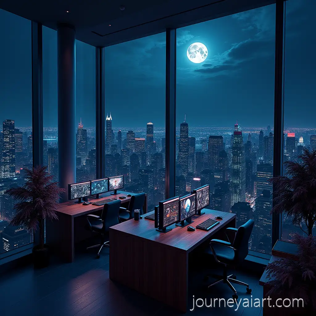 HighClass-PC-Gaming-LAN-Caf-with-Night-City-View-and-Full-Moon
