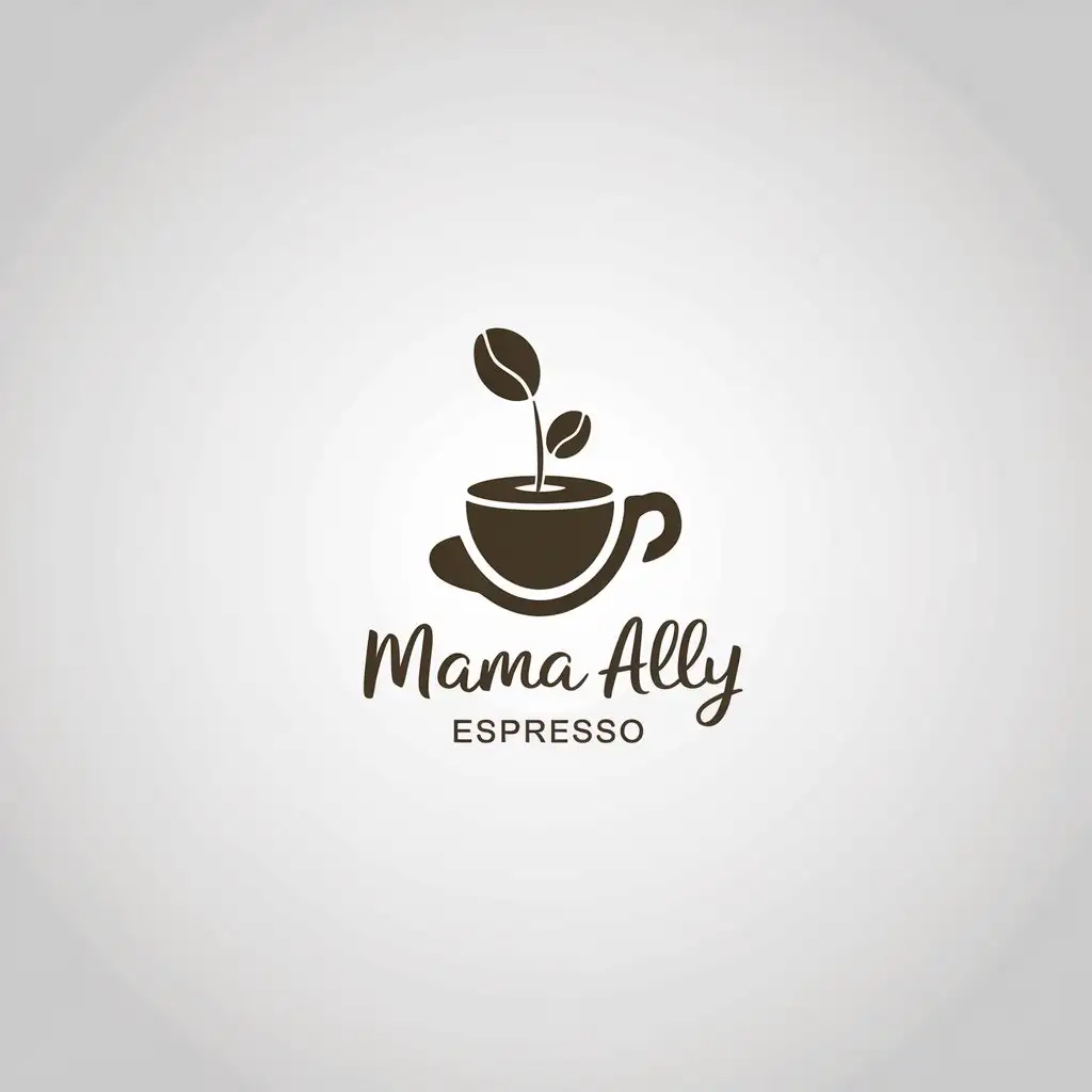 LOGO Design for Mama Ally Espresso Coffee Cup with Plant on Minimalist Cursive Text