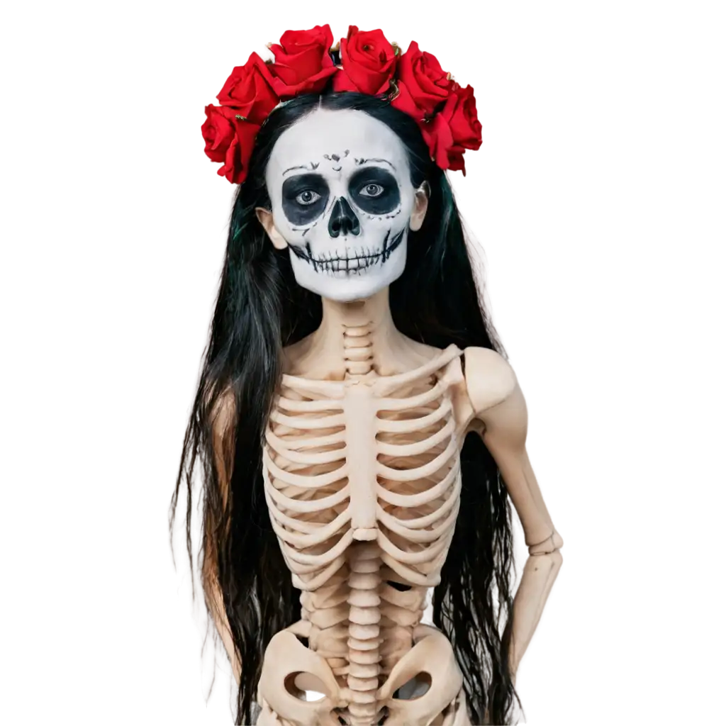 PNG-Image-of-a-Woman-Skeleton-with-Roses-in-Hair-Haunting-Beauty-Captured