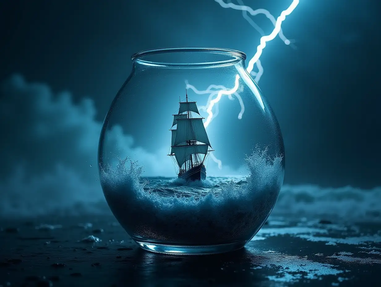 Create an oval glass container with an ocean of big waves, a large sailing ship and lightning 4K resolution