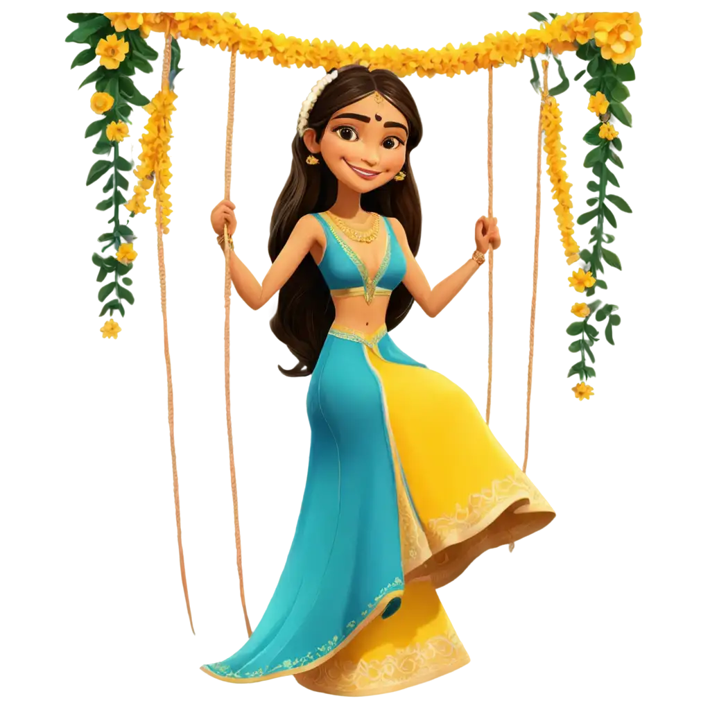 Stunning-Indian-Ceremony-PNG-Caricature-Captivating-Fair-Bride-in-Yellow-and-Blue-Indian-Dress-on-Flower-Swing