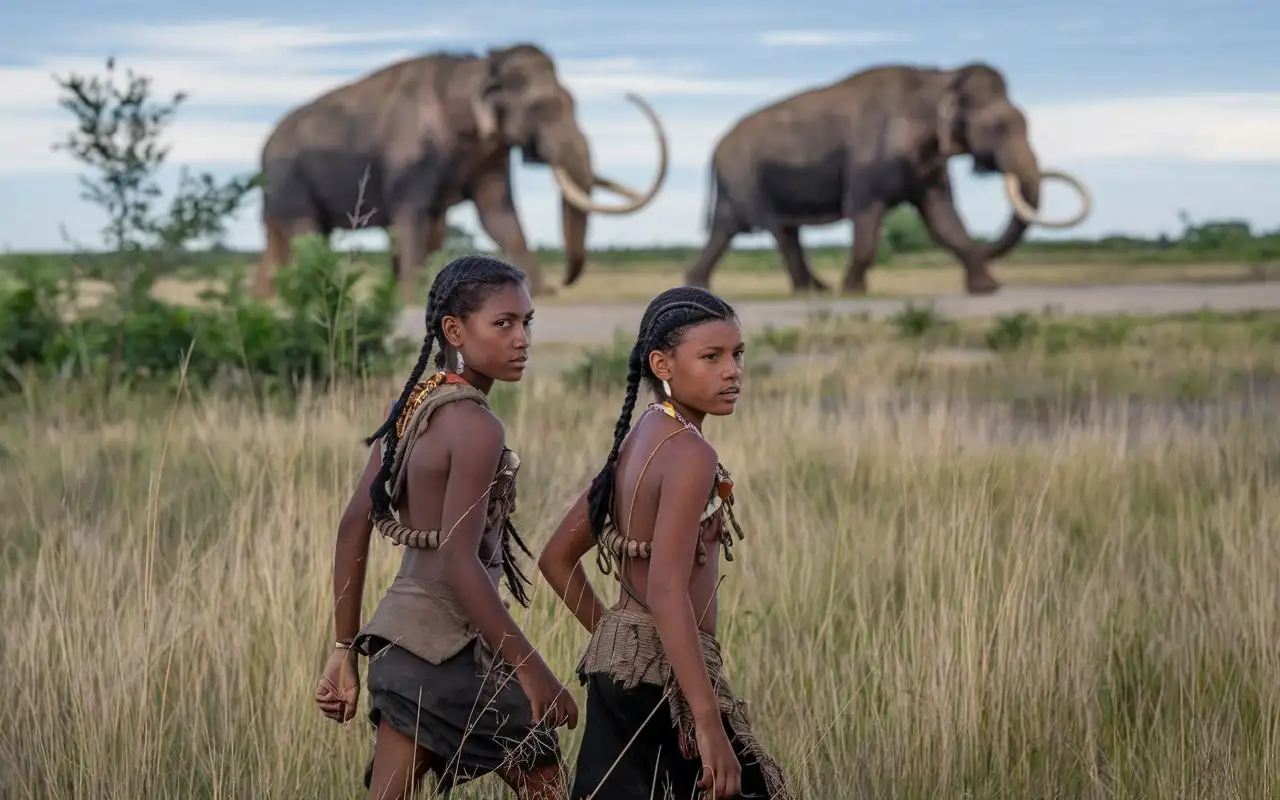 Two-Girls-from-a-Wild-Tribe-Journeying-Through-the-Northern-Savannah-with-Mammoths-in-the-Distance