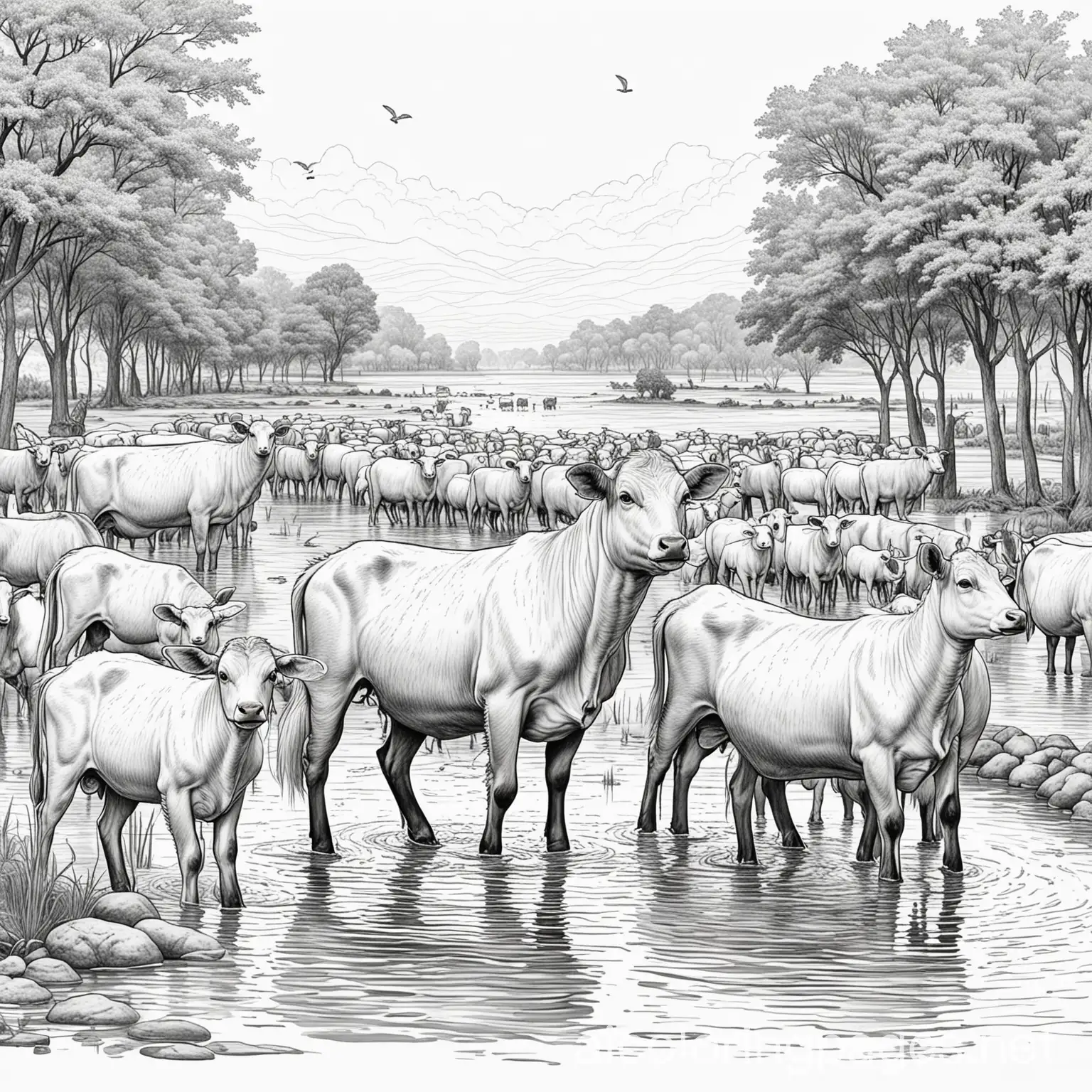 Livestock-Assisted-During-Flood-Coloring-Page-in-Black-and-White