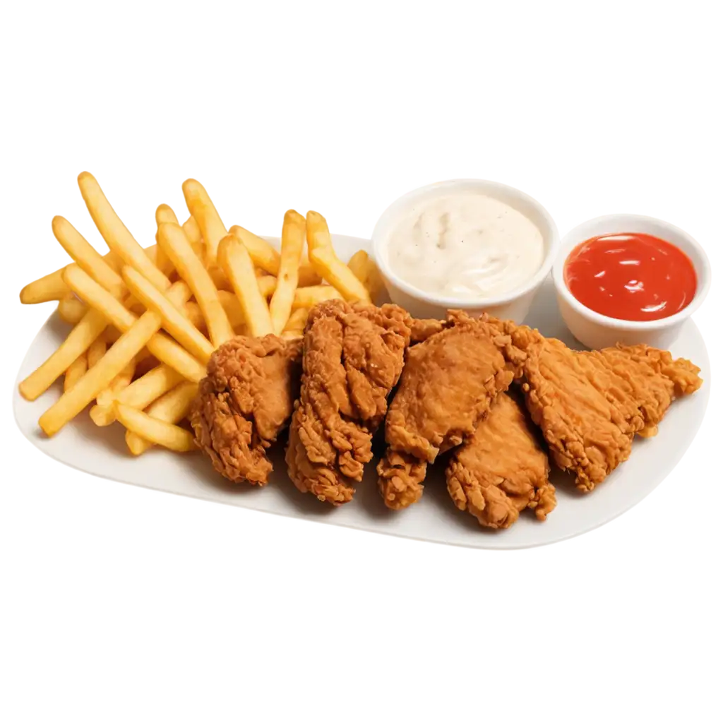 4 piece fryed chicken with mayonnaise and ketchup french fries