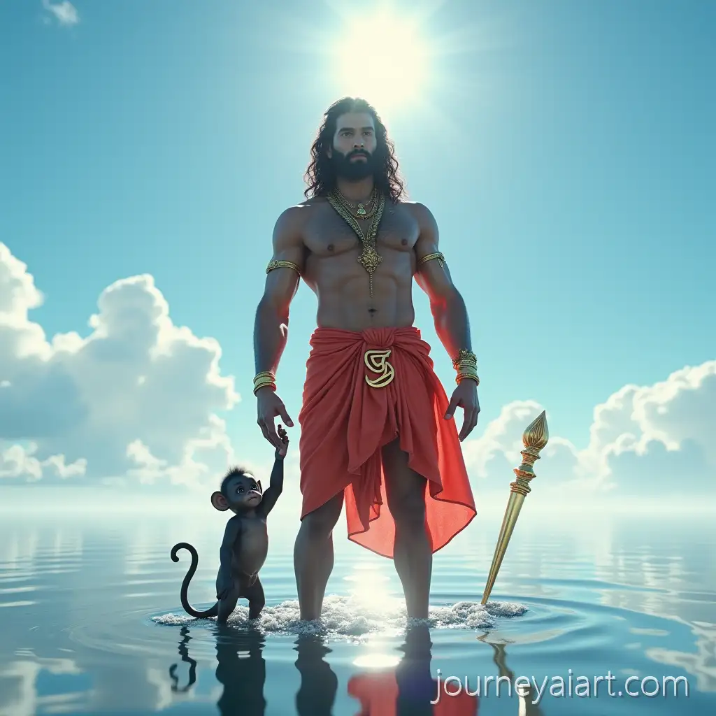 Lord-Hanuman-Holding-Baby-Monkey-on-ReflectiveHanuman-with-baby-monkey-Water-with-Golden-Mace