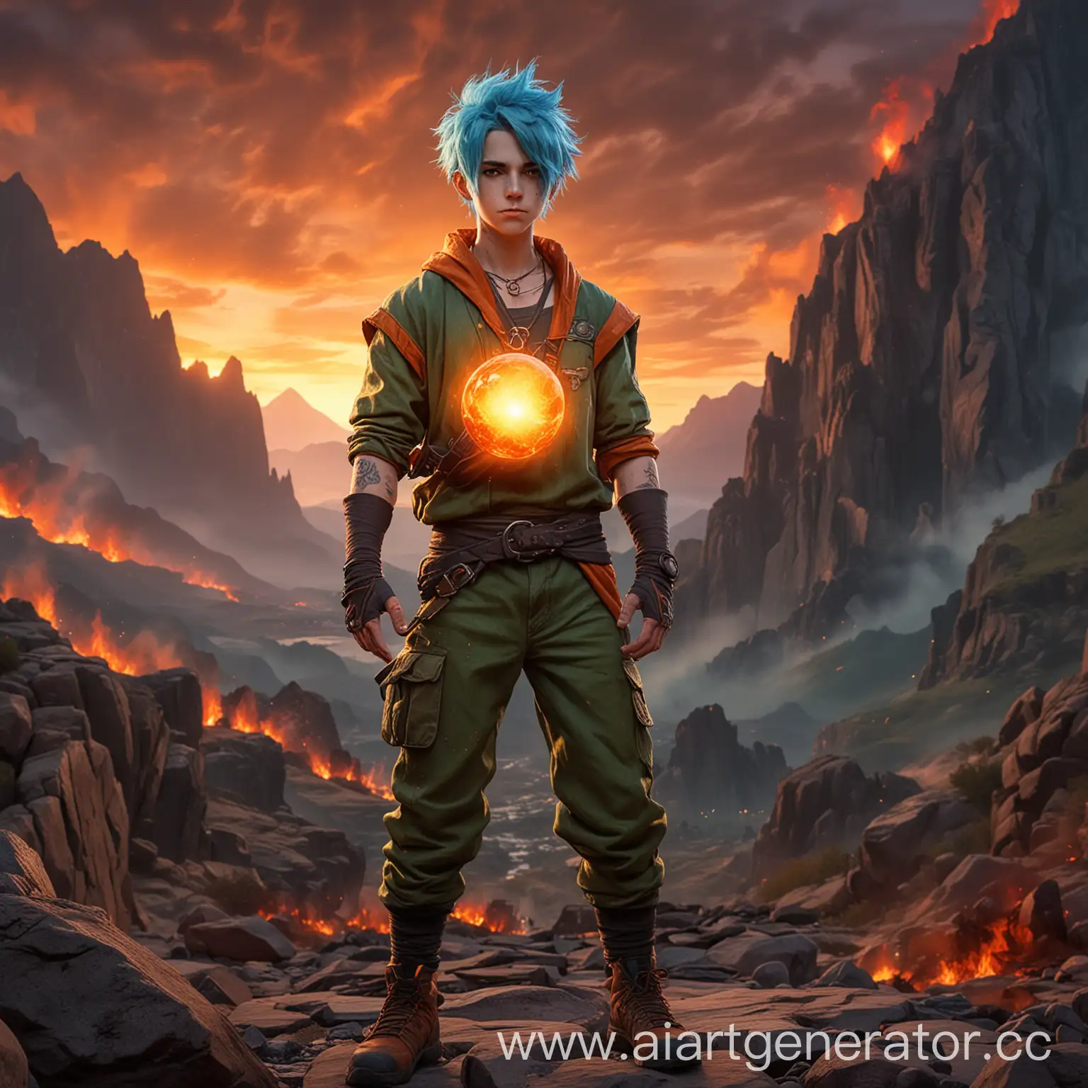 A young male character with blue hair, wearing a green and orange outfit, stands confidently on rocky terrain. He holds a glowing orange orb in one hand, surrounded by flames. The background features dramatic mountains and a fiery sky, enhancing the intense atmosphere